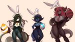  2019 big_breasts blue_hair breasts bunny_costume cleavage clothed clothing costume cuffs_(disambiguation) dragon egg fake_ears fake_rabbit_ears female gesture green_hair group hair hi_res horn kanel legwear leotard lingerie long_hair necktie pantyhose rabbit_tail red_hair short_hair simple_background sinder smolder standing v_sign verimeen white_background wide_hips 