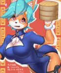  1girl absurdres alternate_costume blue_hair borrowed_character china_dress chinese_clothes dress furry highres open_mouth original ramune_(mayoi89g) red_eyes solo tochinoko 
