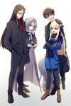  2boys 2girls add_(lord_el-melloi_ii) black_hair black_headwear black_suit blonde_hair blue_eyes blue_scarf blush boots brown_footwear brown_gloves buttons cape cis05 cloak commentary_request creature cube eyebrows_visible_through_hair eyes_closed fate/grand_order fate_(series) flower formal fujimaru_ritsuka_(male) fur_trim gloves gray_(lord_el-melloi_ii) green_eyes grey_hair grey_ribbon hair_between_eyes hair_flower hair_ornament hand_in_pocket hat holding hood hood_up hooded_cloak long_hair lord_el-melloi_ii lord_el-melloi_ii_case_files mini_hat multiple_boys multiple_girls necktie open_mouth red_neckwear reines_el-melloi_archisorte ribbon rose scarf short_hair simple_background spiked_hair suit volumen_hydragyrum waver_velvet white_background white_flower white_rose 