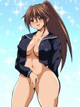 00s 1girl arm_behind_back blush bottomless breasts brown_eyes brown_hair cleavage covering covering_crotch erect_nipples eyes_visible_through_hair gradient gradient_background highres ichigo_100_percent inabakun00 kitaooji_satsuki large_breasts long_hair looking_at_viewer navel no_bra open_mouth ponytail simple_background solo sparkle sparkle_background standing tied_hair 
