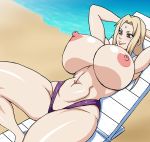  1girl areolae bikini blonde_hair blush breasts brown_eyes cleavage eyebrows eyelashes eyes_closed facial_mark female fingernails fingers forehead forehead_mark hair_tie huge_breasts lipstick long_hair lying makeup milf naruho naruto naruto_(series) navel neck nipples on_back smile solo swimsuit thick_thighs thighs topless tsunade 