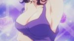  1girl animated animated_gif arm_behind_head bouncing_breasts breasts cleavage grand_blue hamaoka_azusa huge_filesize large_breasts purple_eyes purple_hair screencap short_hair 