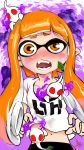  1girl blush collarbone domino_mask fangs furrowed_eyebrows highres inkling leaf long_hair looking_at_viewer mask navel nintendo open_mouth orange_eyes orange_hair pikmin_(creature) pikmin_(series) pointy_ears poison shirt short_sleeves signature splatoon_(series) suction_cups super_smash_bros. sweat t-shirt teeth tentacle_hair uesugi_hikaru uneven_eyes white_shirt 