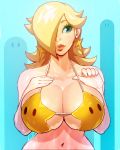  1girl aqua_nails bikini_tan blonde_hair blue_background blue_eyes breasts chiko_(mario) cleavage collarbone curvy earrings eyelashes fingernails gold_bikini hair_over_one_eye highres hip_focus huge_breasts jewelry lips long_fingernails long_hair mario_(series) nail_polish navel nintendo no_headwear nose robert_porter rosalina solo spaghetti_strap star star-shaped_bikini star_earrings strap_gap super_mario_galaxy tan tanline third-party_edit upper_body wide_hips 