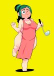  1girl absurdres apron bare_arms bare_legs bare_shoulders barefoot blush boku_no_hero_academia breasts closed_mouth collarbone curvy feet full-face_blush full_body green_hair herny highres large_breasts legs midoriya_inko naked_apron one_eye_closed plump ponytail simple_background solo standing standing_on_one_leg tiptoes toes wavy_mouth yellow_background 
