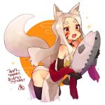  1girl animal_ear_fluff animal_ears bare_shoulders black_choker black_gloves blush breasts choker dress elbow_gloves facial_mark fish fox_ears fox_girl fox_tail gloves grey_hair holding long_hair no_panties open_mouth orange_eyes plush rimukoro shiro_(sewayaki_kitsune_no_senko-san) short_eyebrows signature silver_hair simple_background small_breasts smile solo strapless tail thick_eyebrows thighhighs thighs white_dress 