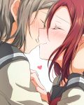  2girls ^_^ absurdres blush bow bowtie closed_eyes ear_blush eyes_closed from_side grey_hair hand_on_another&#039;s_chest heart highres kiss long_hair love_live! love_live!_sunshine!! multiple_girls red_hair red_neckwear sakurauchi_riko school_uniform serafuku short_hair smile upper_body uranohoshi_school_uniform watanabe_you yuchi_(salmon-1000) yuri 