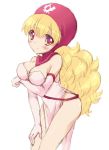  1girl bare_shoulders blonde_hair blush breasts cleavage closed_mouth commentary_request curly_hair dragon_quest dragon_quest_ii dress groin hood kichijou_agata long_hair looking_at_viewer medium_breasts princess princess_of_moonbrook red_eyes simple_background solo white_background 