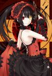  1girl arm_up bare_shoulders black_hair black_sleeves breasts clock_eyes date_a_live detached_sleeves dress from_side gun hair_between_eyes hairband heterochromia highres holding kagura_ittou lolita_fashion lolita_hairband long_hair looking_at_viewer medium_breasts red_dress red_eyes red_ribbon ribbon skirt_hold sleeveless sleeveless_dress smile solo symbol-shaped_pupils tokisaki_kurumi twintails weapon yellow_eyes 