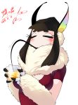  2017 3_fingers animal_humanoid antennae_(anatomy) arthropod arthropod_humanoid beverage big_breasts black_hair blush breasts butterfly_monarch_(karatachi) claws clothed clothing cup drinking eyes_closed female fur hair holding_object humanoid insect insect_humanoid japanese_text karatachi lepidopteran lepidopteran_humanoid moth_humanoid proboscis signature solo sweater text topwear translation_request white_fur 