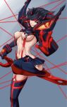  1girl ass black_hair blue_background blue_eyes breasts closed_mouth gloves gradient gradient_background hair_ornament highres kill_la_kill long_sleeves looking_at_viewer matoi_ryuuko medium_breasts multicolored_hair navel nico-mo pleated_skirt red_hair revealing_clothes scissor_blade senketsu short_hair skirt solo standing standing_on_one_leg two-tone_hair 