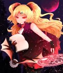  1girl akatsuki_yuni animal arano_oki bangs bare_shoulders bat black_gloves black_legwear blonde_hair book closed_mouth commentary_request dress eyebrows_visible_through_hair full_moon gloves hair_ornament hairclip holding holding_book leaning_forward long_hair magic_circle moon open_book parted_bangs partly_fingerless_gloves pleated_skirt purple_dress red_moon red_skirt skirt smile solo thighhighs two_side_up uni_channel very_long_hair virtual_youtuber zipper_pull_tab 