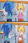  anthro blush canid canine clothed clothing dialogue digital_media_(artwork) duo english_text eulipotyphlan fox fur gloves hedgehog hi_res inside male mammal miles_prower open_mouth question rezkapratam4x ring signature sonic_(series) sonic_the_hedgehog text young 