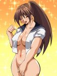  00s 1girl blush bottomless breasts brown_eyes brown_hair cleavage covering covering_crotch erect_nipples eyes_visible_through_hair gradient gradient_background half-closed_eyes highres ichigo_100_percent inabakun00 kitaooji_satsuki large_breasts long_hair looking_at_viewer navel no_bra open_mouth pointing ponytail simple_background smile solo sparkle sparkle_background standing tied_hair tongue tongue_out 