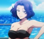  1girl bikini black_bikini black_swimsuit breasts cleavage collarbone grand_blue hamaoka_azusa large_breasts purple_eyes purple_hair screencap short_hair smile strapless strapless_bikini strapless_swimsuit swimsuit 