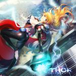  1girl armpits avengers black_gloves black_legwear blonde_hair blue_eyes breasts cape character_name cleavage elbow_gloves electricity genderswap genderswap_(mtf) gloves hammer large_breasts lips long_hair looking_at_viewer marvel neck pantyhose red_cape ruba_(akiraoe_84) single_elbow_glove single_glove skin_tight solo thor_(marvel) 