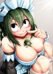  1girl :p asui_tsuyu bare_shoulders between_breasts black_eyes boku_no_hero_academia breasts character_doll cleavage closed_mouth deep_skin detached_sleeves finger_to_mouth from_above green_hair hair_between_eyes highres knees_on_chest large_breasts maid maid_headdress midoriya_izuku nico-mo plush sidelocks solo thighhighs tongue tongue_out white_legwear 