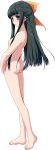  1girl artist_request ass barefoot black_hair blue_eyes bow copyright_request flat_chest full_body hair_bow half_updo heel_raised highres long_hair nipples nude standing transparent_background 