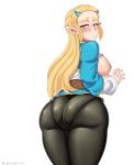  1girl abridged-satoko ass ass_expansion ass_focus blonde_hair breasts green_eyes highres huge_ass large_breasts nintendo pants princess_zelda the_legend_of_zelda the_legend_of_zelda:_breath_of_the_wild thick_eyebrows thick_thighs thighs tight tight_pants topless wide_hips 