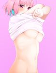  1girl arms_up blue_hair bottomless breasts commentary_request frown giba_(out-low) groin highres idolmaster idolmaster_cinderella_girls looking_at_viewer medium_breasts multicolored_hair navel no_bra pink_background pink_eyes pink_hair shirt shirt_lift short_hair short_sleeves sidelocks simple_background solo stomach t-shirt two-tone_hair underboob undressing upper_body v-shaped_eyebrows white_shirt yumemi_riamu 