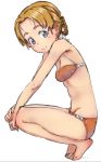  1girl abaratani_kurou bangs barefoot bikini blue_eyes braid breasts closed_mouth commentary from_side full_body girls_und_panzer hands_on_own_knees highres looking_at_viewer orange_bikini orange_hair orange_pekoe parted_bangs short_hair simple_background small_breasts smile solo squatting swimsuit tied_hair white_background 