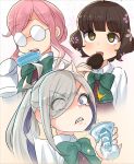  3girls ahoge asashimo_(kantai_collection) bangs blunt_bangs brain_freeze brown_eyes brown_hair clenched_teeth commentary_request cup disposable_cup double_bun eating eyebrows_visible_through_hair eyes_visible_through_hair food glasses grey_eyes hair_over_one_eye halterneck highres kantai_collection kishinami_(kantai_collection) long_sleeves makigumo_(kantai_collection) mizuki_kyouto multiple_girls open_mouth pink_hair ponytail popsicle round_teeth school_uniform sharp_teeth short_hair silver_hair sleeves_past_fingers sleeves_past_wrists teeth twintails upper_body upper_teeth wavy_hair 