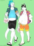  anthro both_pregnant bottomwear canid canine canis clothing domestic_dog flip_flops food footwear hi_res husky kairyu-shin kody lutrine male male_pregnancy mammal mustelid nordic_sled_dog plantigrade pregnant sandals shirt shopping_bags shorts simple_background spitz topwear uncouthpone 