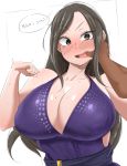  1girl absurdres bare_shoulders black_hair blush breasts brown_eyes cleavage collarbone dress finger_in_mouth highres idolmaster idolmaster_cinderella_girls korean_commentary large_breasts long_hair mm_(yoromu) mukai_takumi open_mouth sweat translation_request 
