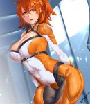  1girl absurdres bangs blush bodysuit breasts chaldea_combat_uniform cleavage covered_navel fate/grand_order fate_(series) fujimaru_ritsuka_(female) hair_between_eyes hair_ornament hair_scrunchie highres kisaragi_(legobionicle23) large_breasts looking_at_viewer one_side_up open_mouth orange_bodysuit orange_eyes orange_hair scrunchie short_hair side_ponytail solo 