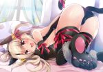  1girl all_fours animal_ears ass backless_leotard bangs bare_shoulders bell black_legwear black_leotard blush breasts cat_ears cat_tail center_opening curtains fate/kaleid_liner_prisma_illya fate_(series) fur_collar fur_trim gloves hair_between_eyes hair_ribbon illyasviel_von_einzbern jingle_bell leotard long_hair looking_at_viewer maruchan. on_bed open_mouth paw_gloves paw_shoes paws pillow red_eyes red_ribbon ribbon shoes small_breasts smile solo tail thighhighs thighs top-down_bottom-up white_hair window 