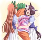  2girls animal_ears braid brown_hair carrot commentary_request ear_covers french_braid green_eyes hairband horse_ears horse_girl horse_tail long_hair multicolored_hair multiple_girls open_mouth orange_hair pillow purple_eyes school_uniform short_hair silence_suzuka simple_background smile special_week tail tonpuu two-tone_hair umamusume white_background 