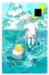  1girl artist_name box cloud cloudy_sky from_behind horizon looking_back maruti_bitamin moon original outdoors partially_submerged rectangle ripples shirt short_sleeves shorts sky solo white_shirt white_shorts 