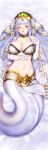  1girl bangs bare_shoulders blunt_bangs blush breasts bridal_veil cleavage collarbone echidna_(granblue_fantasy) elbow_gloves eyebrows_visible_through_hair eyes_closed gloves granblue_fantasy hair_ornament highres kuro_chairo_no_neko lamia large_breasts long_hair lying monster_girl navel on_back pelvic_curtain scales silver_hair solo stomach upper_teeth veil very_long_hair white_gloves 