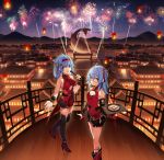  2girls absurdres aerial_fireworks ahoge ankleband architecture bell bili_girl_22 bili_girl_33 bilibili_douga black_legwear black_skirt blue_hair blush bracelet breasts cityscape cleavage_cutout dessert doitsu_no_kagaku east_asian_architecture fireworks food glasses hair_ornament hair_rings hairband hairclip high_heels highres holding holding_tray jewelry jingle_bell long_hair looking_at_viewer medium_breasts mountainous_horizon multiple_girls night night_sky official_art open_mouth outdoors railing red_eyes red_footwear red_hairband red_ribbon ribbon short_hair side_ponytail sidelocks skirt sky sleeveless small_breasts smile standing thighhighs tray 