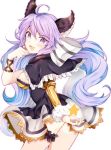  1girl ahoge aki_itoguchi animal_ears breasts fang granblue_fantasy hair_between_eyes hair_ribbon long_hair looking_at_viewer looking_back low_twintails medium_breasts open_mouth purple_eyes purple_hair ribbon satyr_(granblue_fantasy) simple_background solo star twintails white_background 