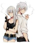  1boy 1girl beretta_92 black_lagoon blue_eyes breasts cigarette cleavage cosplay cutoffs denim denim_shorts fingerless_gloves gloves gun hair_between_eyes handgun highres holster kurosawa_kazuto long_hair midriff navel nier_(series) nier_automata okajima_rokuro okajima_rokuro_(cosplay) pistol ponytail revy_(black_lagoon) revy_(black_lagoon)_(cosplay) short_shorts shorts shoulder_holster silver_hair smoking tank_top weapon yellow_eyes yorha_no._2_type_b yorha_no._9_type_s 