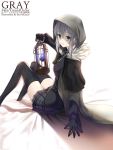  1girl artist_name bangs bed_sheet berrykanry birdcage black_capelet black_gloves black_legwear black_shirt brown_cape cage cape capelet character_name commentary_request copyright_name eyebrows_visible_through_hair fate_(series) feet_out_of_frame fur-trimmed_capelet fur_trim gloves gray_(lord_el-melloi_ii) green_eyes grey_skirt hair_between_eyes highres holding_cage hood hood_up knees_up long_sleeves looking_at_viewer looking_to_the_side lord_el-melloi_ii_case_files parted_lips plaid plaid_skirt pleated_skirt shirt sidelocks sitting skirt solo thighhighs 