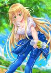  1girl bangs blonde_hair blue_jacket blue_pants blue_sky blurry blurry_background blush bottle bottle_to_cheek breasts cleavage closed_mouth clothes_around_waist cloud collarbone commentary_request day depth_of_field eyebrows_visible_through_hair fingernails green_eyes hachigatsu_no_cinderella_nine hair_between_eyes highres holding holding_bottle jacket jacket_around_waist large_breasts leaning_forward leaves_in_wind long_hair nozaki_yuuki outdoors pants shirt short_sleeves sky smile solo swordsouls track_jacket track_pants track_suit tree very_long_hair water_bottle white_shirt 