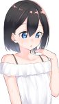  1girl bangs bare_shoulders black_hair blue_eyes blush chestnut_mouth collarbone commentary_request eyebrows_visible_through_hair fanning_self hair_between_eyes hand_up highres looking_away off-shoulder_shirt off_shoulder original parted_lips shirt simple_background solo suzunari_shizuku sweat upper_body white_background white_shirt yuki_arare 