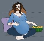  barefoot belly big_belly bowl chips_(food) eyewear female food glasses horsefever pillow potato_chips pregnant sofa solo 