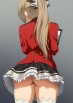  1girl aiguillette amagi_brilliant_park ass bow brown_hair clipboard commentary_request frills from_behind hair_bow hair_intakes hera_(hara0742) highres holding holding_clipboard jacket long_hair ponytail red_jacket sento_isuzu skirt upskirt white_legwear 