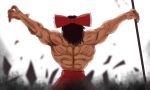 1boy arms_up black_hair bow chinese_commentary commentary_request cowboy_shot from_behind genderswap genderswap_(ftm) gohei grappler_baki hair_bow hair_tubes hakurei_reimu holding long_hair muscle parody red_bow red_skirt shide shirtless skirt solo standing touhou white_background wuwusan 