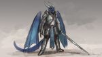  2019 anthro armor clothed clothing digital_media_(artwork) dragon holding_object holding_weapon horn male melee_weapon membranous_wings scalie solo standing sword themefinland weapon western_dragon wings 