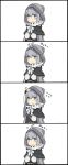  1girl 4koma absurdres adjusting_hair ahoge antenna_hair blush_stickers chibi cloak comic commentary_request fate/grand_order fate_(series) feather_trim flying_sweatdrops gray_(lord_el-melloi_ii) green_eyes hair_between_eyes highres hood hood_up hooded_cloak long_sleeves lord_el-melloi_ii_case_files pekeko_(pepekekeko) solo standing translation_request upper_body white_background 