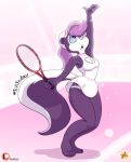  anthro breasts cleavage clothed clothing english_text female fifi_la_fume fur furboz hair mammal mephitid multicolored_fur open_mouth panty_peek purple_fur purple_hair signature skunk solo sparkles tennis_outfit tennis_racket text tiny_toon_adventures warner_brothers white_fur 