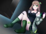  1girl :q bangs bare_shoulders black_dress blush bow breasts brown_hair camouflage_jacket closed_mouth collarbone commentary dress dutch_angle eyebrows_visible_through_hair fishnet_legwear fishnets fur-trimmed_jacket fur_trim girls_frontline green_bow green_eyes green_jacket green_legwear hair_between_eyes hair_bow hair_bun handheld_game_console holding jacket knees_up kogyokuapple long_hair medium_breasts mismatched_legwear no_shoes nose_blush off_shoulder open_clothes open_jacket rfb_(girls_frontline) side_bun sitting sleeveless sleeveless_dress smile socks solo striped striped_legwear tongue tongue_out vertical-striped_legwear vertical_stripes 