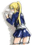  1girl against_wall bangs blonde_hair blue_eyes blue_skirt blush frown fullmetal_alchemist jacket long_bangs long_hair looking_back panties panty_pull parted_lips ponytail profile shirt simple_background skirt solo steam sweat thighs tsukuda0310 underwear wall white_background white_shirt winry_rockbell 