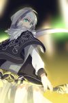  1girl add_(lord_el-melloi_ii) ahoge cape cis05 cloak closed_mouth commentary_request eyebrows_visible_through_hair fate/grand_order fate_(series) fur-trimmed_cloak fur_trim gray_(lord_el-melloi_ii) green_eyes grey_hair holding holding_scythe holding_weapon hood hood_up hooded_cloak looking_at_viewer lord_el-melloi_ii_case_files miniskirt open_eyes ribbon scythe short_hair skirt solo weapon white_ribbon 