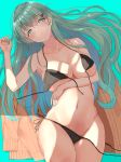  1girl alternate_costume aqua_eyes aqua_hair arm_under_breasts bangs bare_shoulders bikini blush breasts cleavage collarbone commentary_request cowboy_shot eyebrows_visible_through_hair green_eyes hair_between_eyes hair_ornament hairclip highres irohakaede jacket jacket_removed jewelry kantai_collection large_breasts long_hair looking_at_viewer lying nail_polish navel on_back open_mouth parted_lips ring side-tie_bikini simple_background solo string_bikini suzuya_(kantai_collection) swimsuit thighs undressing 
