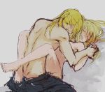  1boy 1girl blonde_hair blush boy_on_top clothed_sex edward_elric eyebrows_visible_through_hair facing_away fullmetal_alchemist hand_holding leaning leaning_forward leg_lock missionary nude open_mouth pants ponytail sex shirtless sweat tears toenails tsukuda0310 winry_rockbell 